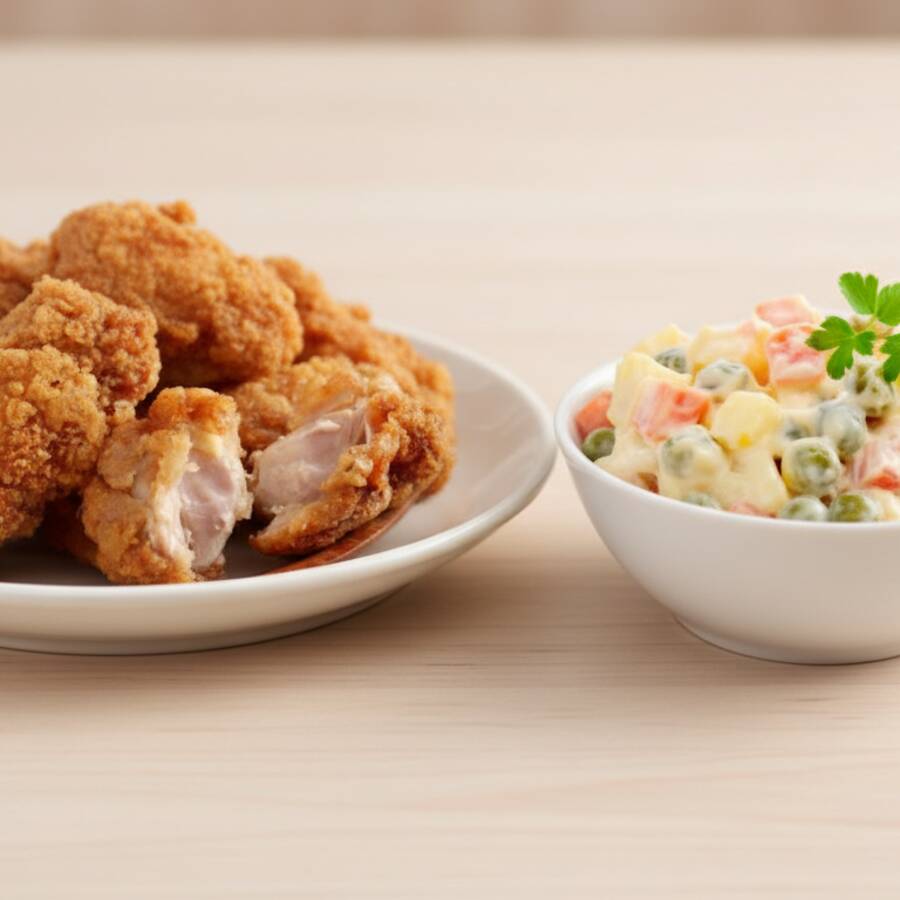 serve 2 pes. *aprox. 8 pedaços de frangos suculentos e crocantes (pedaços de coxa/sobrecoxas desossadas) * 300g de Salada de Maionese (batata, cenoura, ovo e ervilha)