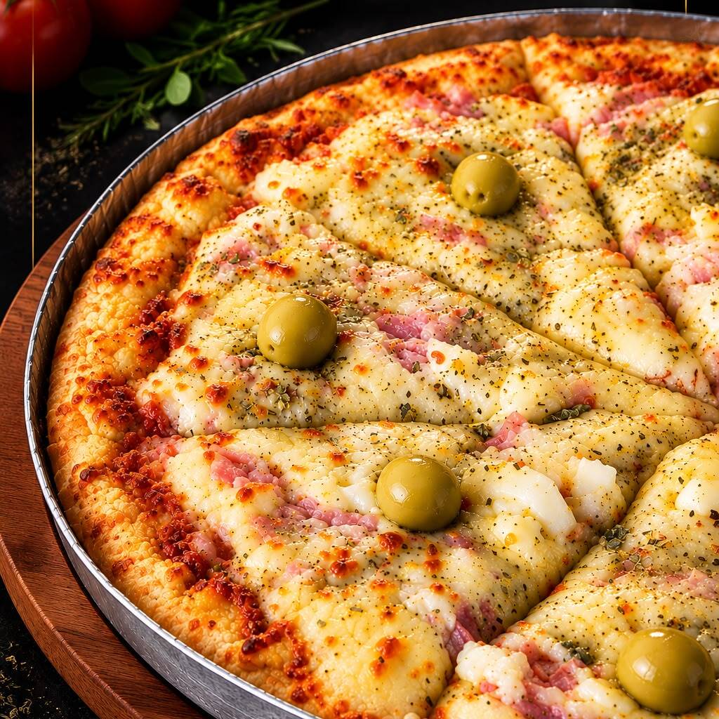 Nossa pizza Portuguesa é preparada com uma massa artesanal, leve e macia por dentro, molho de tomate, presunto, ovos, cebola e mussarela derretida, finalizada com azeitonas e um toque especial de orégano.