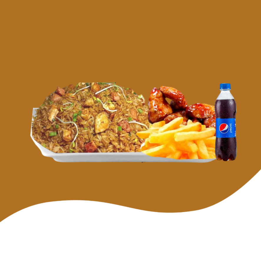 Arroz Chino Personal + 3 Alitas BBQ + Papa+ Bebida