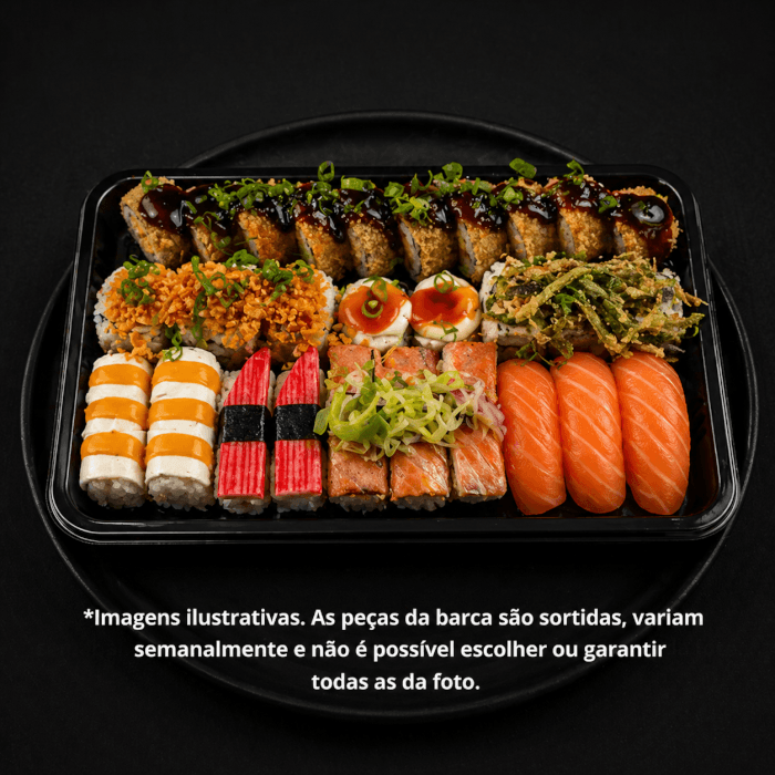 Deixe-se envolver pelo mistério e pelo sabor! Ao optar pela nossa Barca Misteriosa, você receberá 30 peças sortidas de dar água na boca, com uma seleção especial que pode incluir: Salmão Cru, Salmão Grelhado, Pele de Salmão, Kani e muito mais... Prepare-se para uma experiência única e surpreendente!