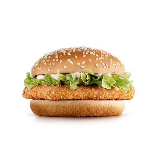 Frango empanado, maionese, alface americana e pão com gergelim
