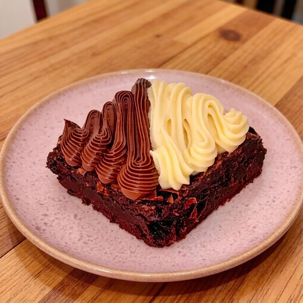 Delicioso Brownie artesanal, macio, úmido e com casquinha finalizado com cobertura de creme de ninho e creme de brigadeiro