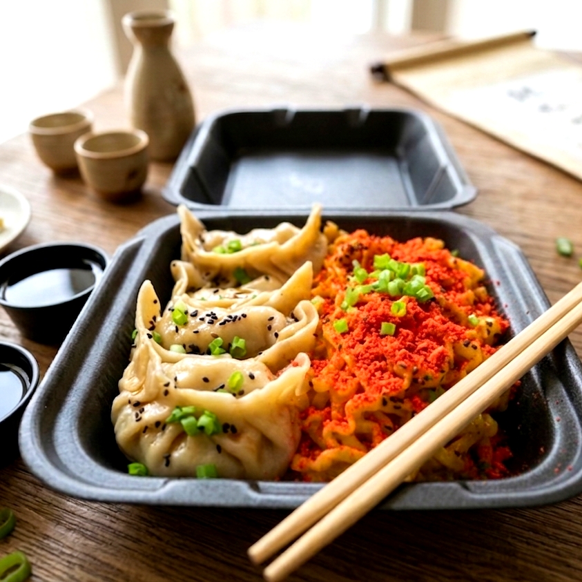 4 Dumplings de Puerco y Ramen con Cheetos Flaming
