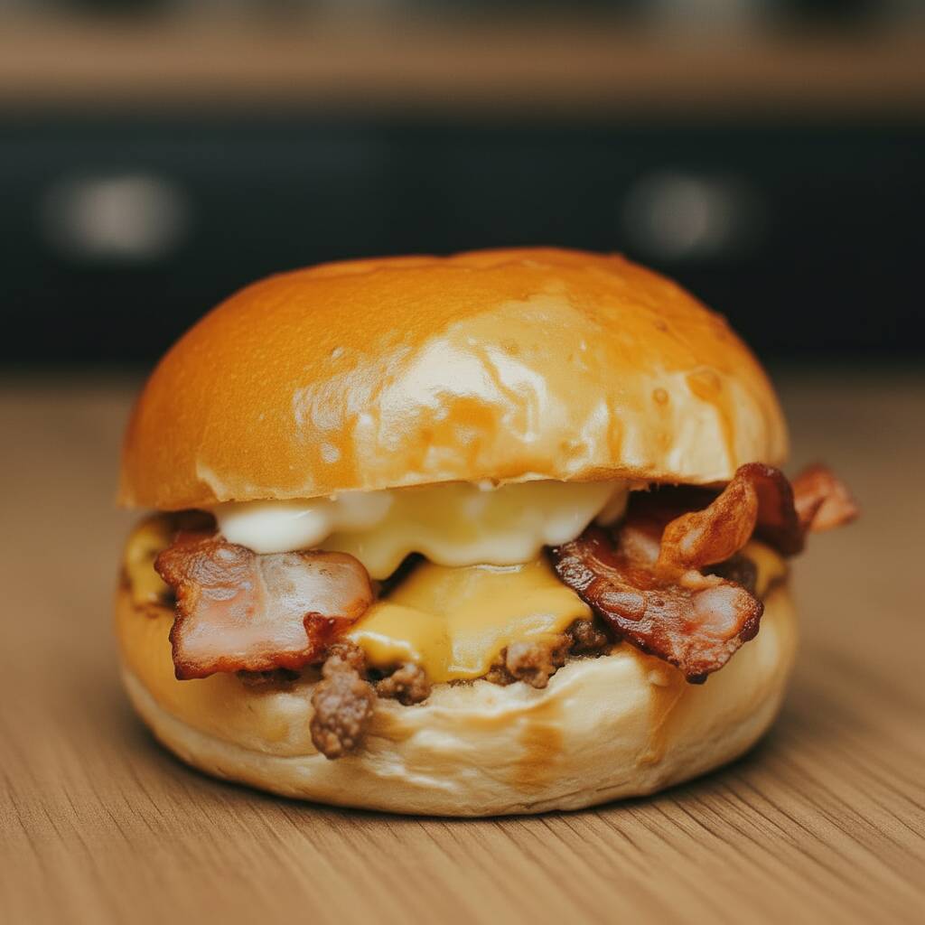 Nosso irresistível smash burger de 80g com uma crostinha dourada e deliciosa, coberto com um cremoso American Cheese e fatias de bacon crocante, é a combinação perfeita para satisfazer seu paladar.