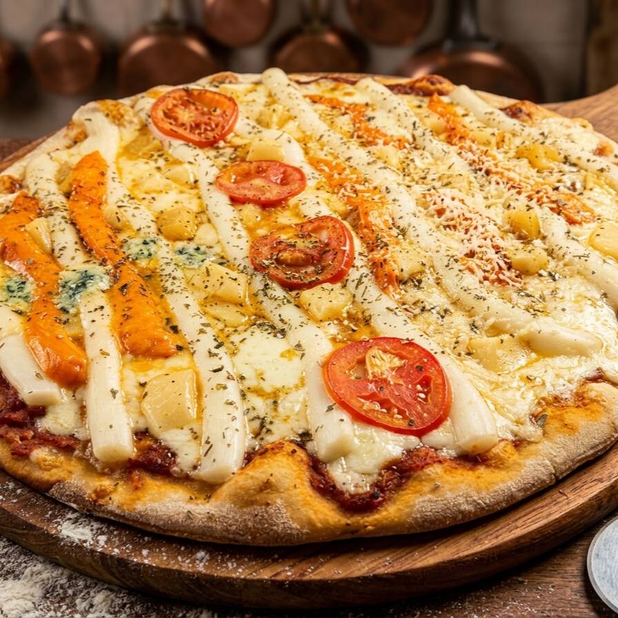 Mussarela, catupiry, provolone e parmesão derretidos. Cremosa na medida certa.