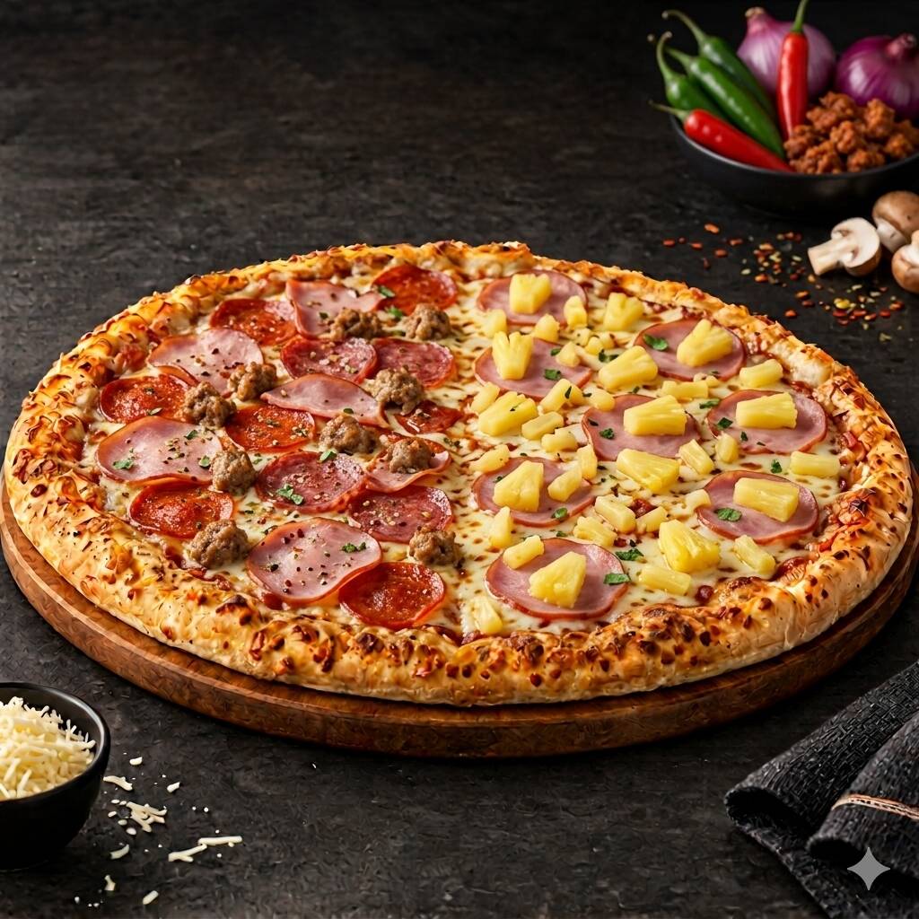 PIZZA FAMILIAR MITAD CARNES FRÍAS Y HAWAIANA 36 CM