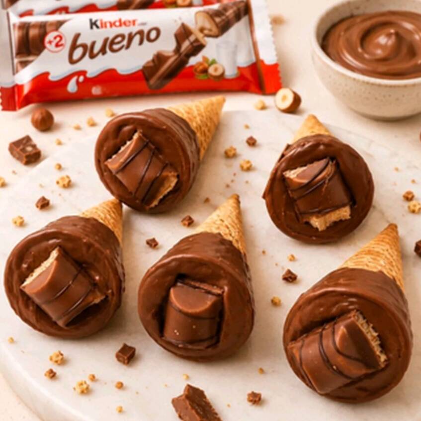 Irresistível casquinha crocante banhada no chocolate ao leite envolto com Kinder Bueno e recheado com um delicioso ganache de chocolate.