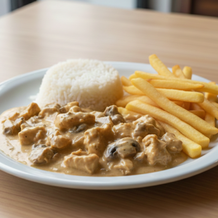 Frango em cubos ao molho cremoso e aveludado, preparado no ponto certo, servido com arroz branco soltinho e batata frita dourada e crocante. Prato completo e bem servido.