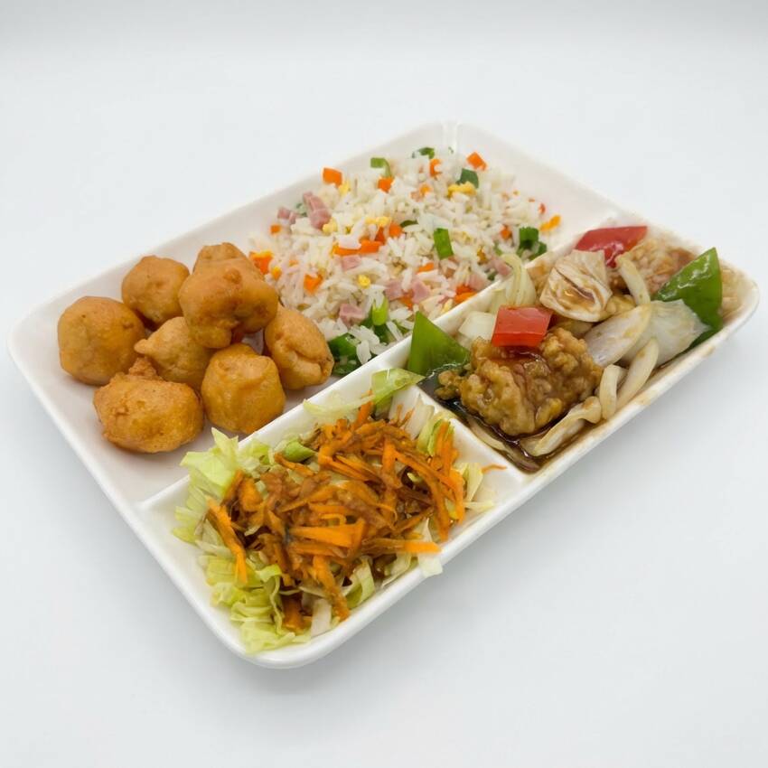 Acompanha: 1 rolinho primavera ou rolinho de queijo ou frango empanado + yakimeshi+ salada