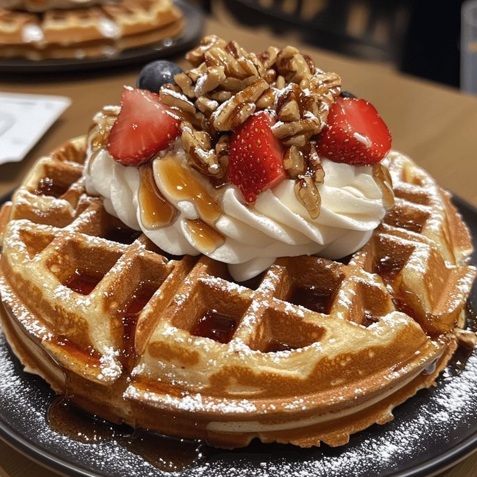 Waffle de maple con fresa.