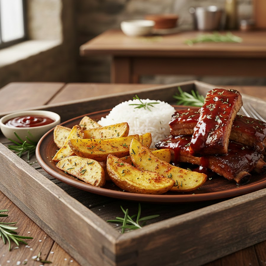 Acompanha arroz, batata rustica e a Ribs é coberta com barbecue