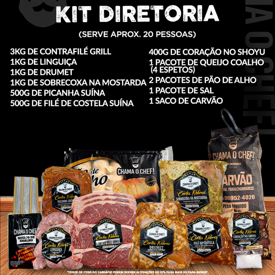 3kg de Contra Filé Grill, 1kg de Linguiça, 1kg de Drumet, 1kg de Sobrecoxa na Mostarda, 500g de Picanha Suína, 500g de Filé de Costela Suíno, 400g de Coração, 1 Pacote de Queijo Coalho, 2 Pacotes de Pão de Alho, 1 Pacote de Sal, 1 Saco Carvão.