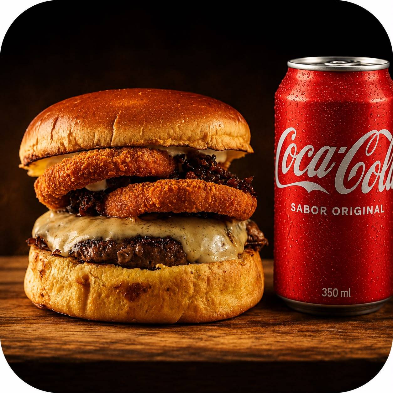 1 Burger Rodeio +1 Coca-Cola Lata🍔 Hambúrguer suculento no pão brioche, com queijo derretido, bacon crocante, onion rings e , geleia de Pimenta.