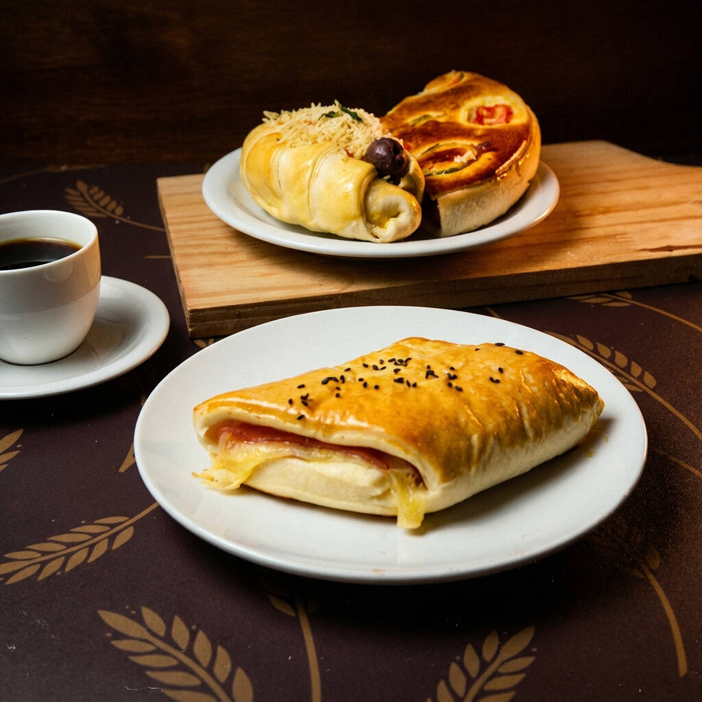 Joelho de queijo e presunto quentinho, com massa leve e macia, queijo derretido e presunto. Aquele clássico para qualquer hora do dia.