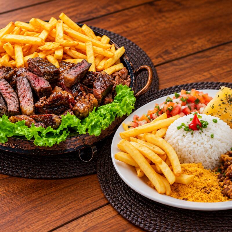 Maminha grelhada, cupim e carne de sol, acompanhados de arroz branco, feijão tropeiro, batata frita, mandioca cozida e salada simples. Uma refeição completa, generosa e ideal para compartilhar entre 3 pessoas.