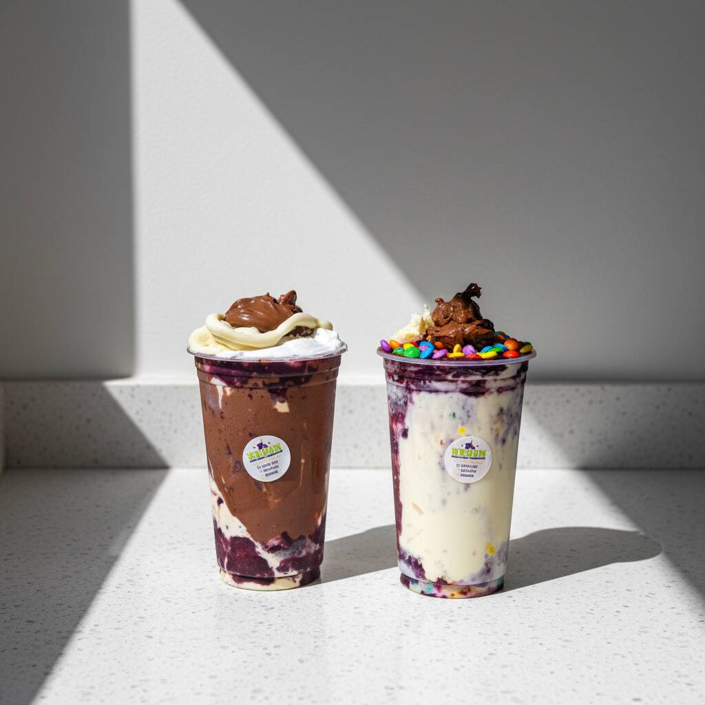 Duas deliciosas porções de 400ml de açaí cremoso, acompanhadas de creme de Ninho, leite em pó, Nutella e confetes coloridos. Uma combinação irresistível de cremosidade, doçura e crocância, perfeita para quem ama sobremesas cheias de sabor e personalidade.