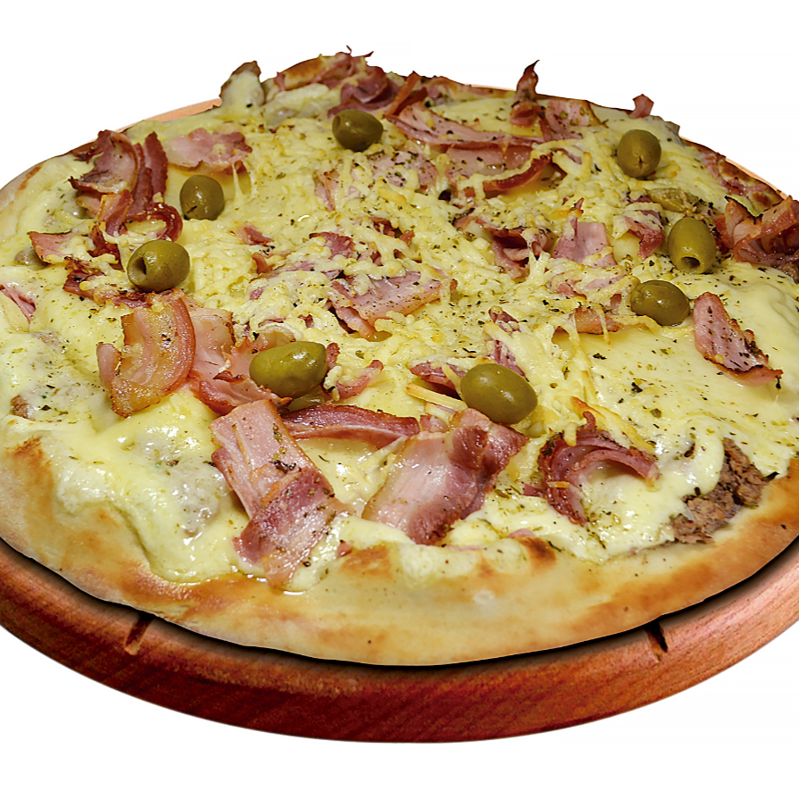 Atum, Presunto, Cebola, Mussarela, Catupiry original, Lascas de Parmesão e Bacon