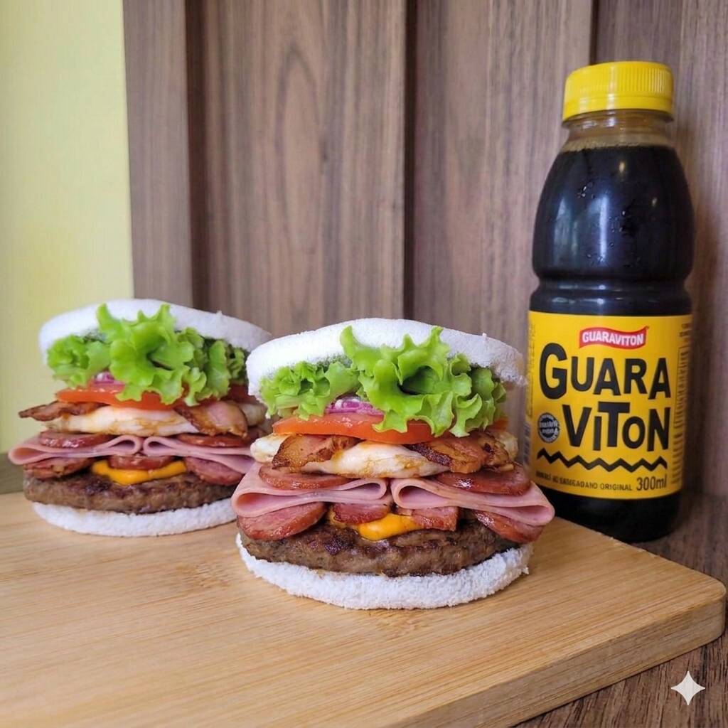 2 XTudo(carne sabor picanha,bacon,calabresa,presunto,ovo,tomate,cebola roxa e alface.