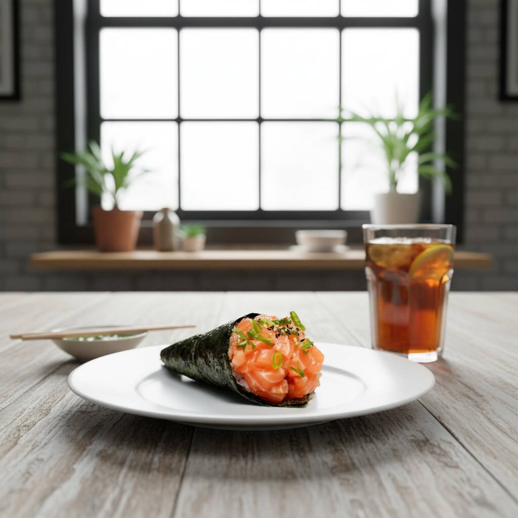 Cone com arroz, recheio de salmão, cebolinha e gergelim .
