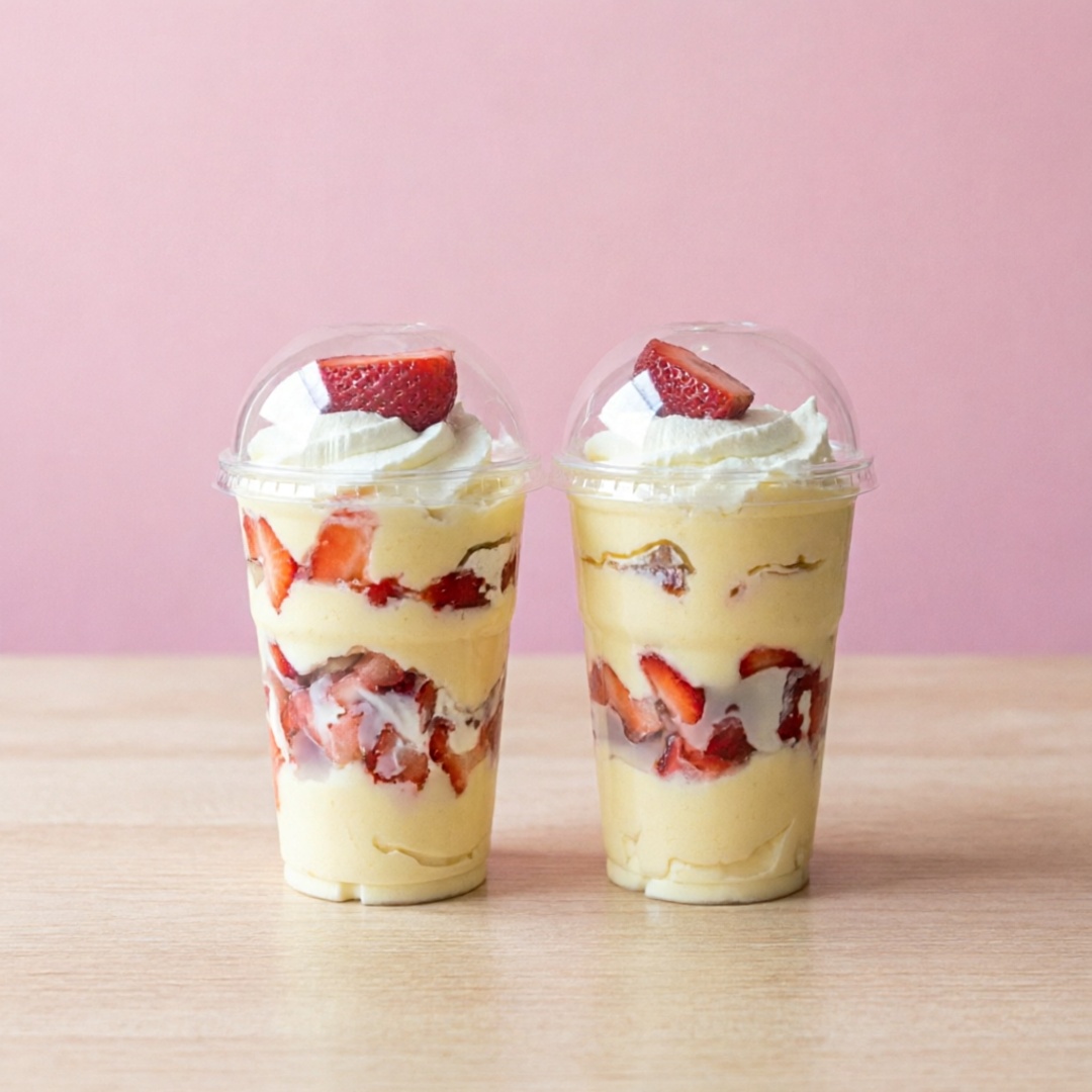 Creme de ninho intercalado com morangos e finalizado com chantilly.