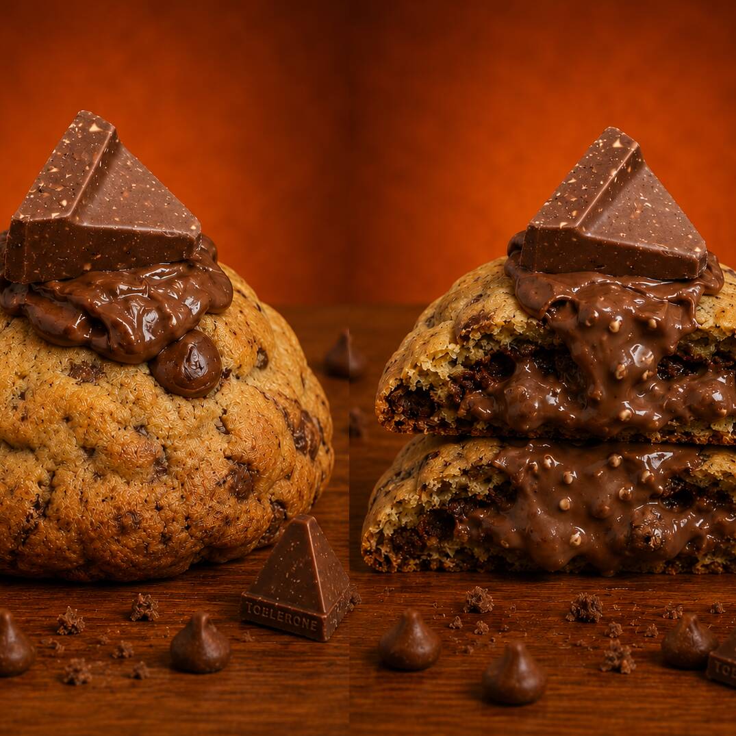 Massa tradicional com gotas de chocolate ao leite nobre e recheio cremoso do legítimo Toblerone suíço. Uma combinação perfeita.(aprox. 120g)