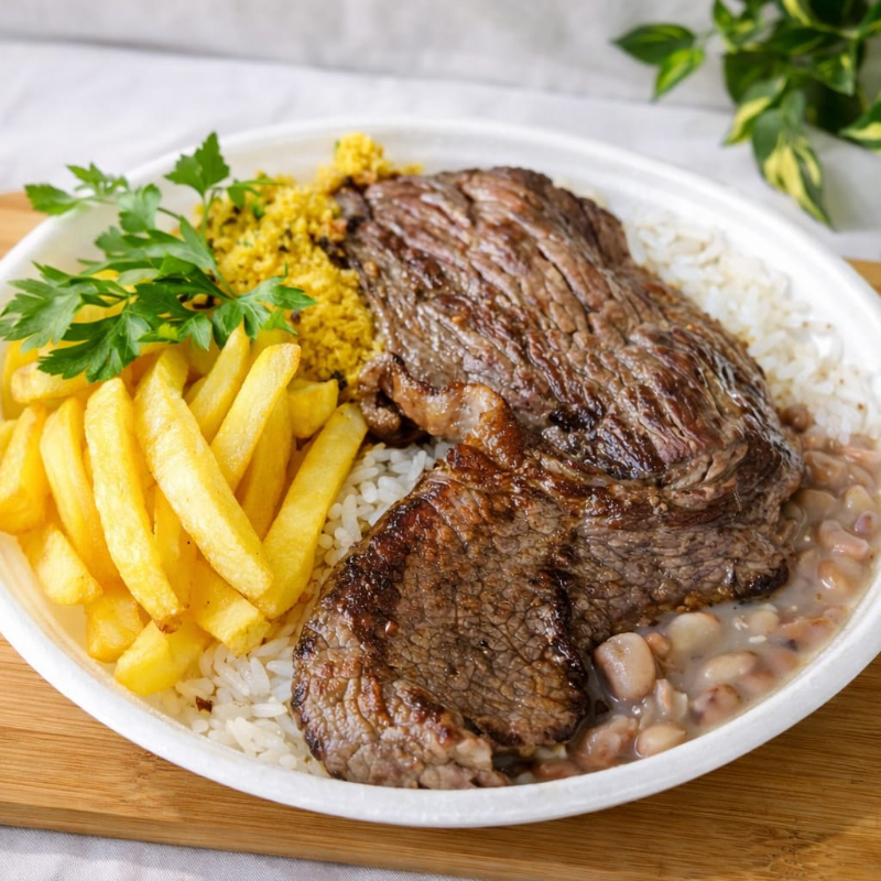 Nossa marmita acompanha um arroz bem fresquinho com um tempero caseiro, feijão com aquele caldo encorpado e com cheirinho de alho, farofa de bacon, batata frita e a carne de sua escolha. Tamanho da sua escolha Caseiro e gostoso.l