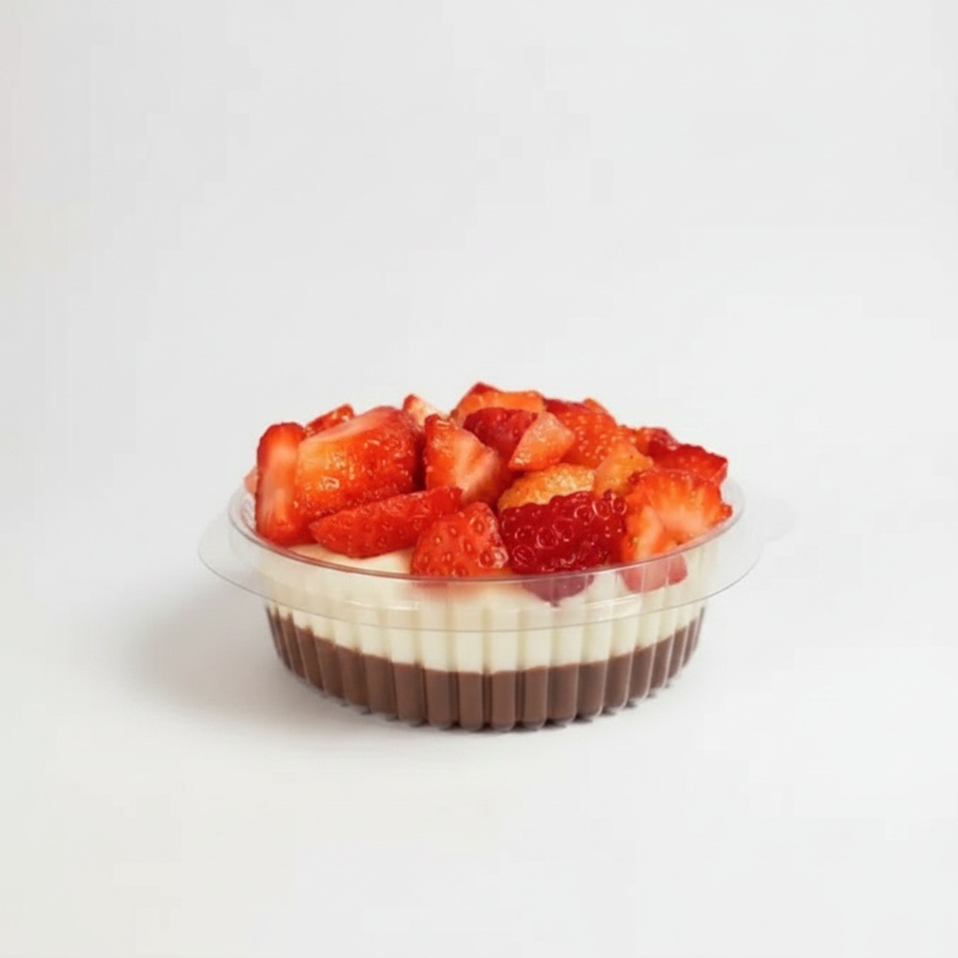 brigadeiro cremoso com uma camada de ninho e morangos picados em cima uma combinação perfeita.200ml