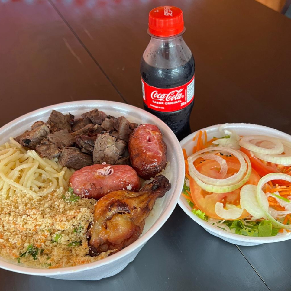 1 Marmita Churrasco misto + 1 salada (Alface, tomate, cebola,repolho e cenoura ) + 1 Coca cola 200ml.