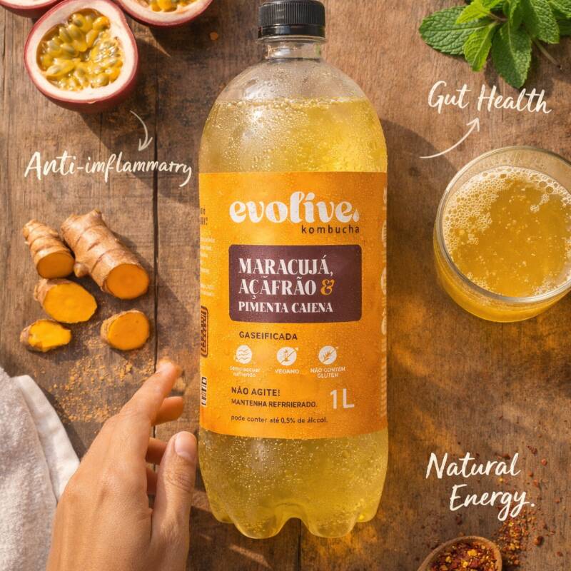 Kombucha Artesanal 1L – Maracujá, Açafrão e Pimenta Caiena. Bebida funcional naturalmente fermentada, rica em probióticos e com gaseificação natural. Sabor tropical com leve acidez do maracujá, toque funcional do açafrão e picância suave da pimenta caiena. Uma experiência refrescante e intensa para quem busca energia natural e bem-estar. Sem conservantes artificiais. Ideal para compartilhar. Peça mais de um sabor e aproveite