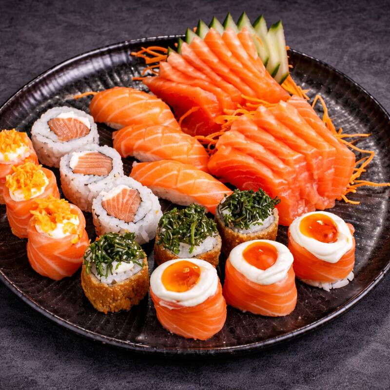 12 sashimi de salmão 3 niguiri de salmão 3 uramaki de salmão 3 joy Doritos 3 joy geleia 3 hot hols cream cheese Sem alterações!!! Deixe sua avaliação no 99 food sobre esse pedido... Sua avaliação 5 estrelas vai nos ajudar bastante ;)