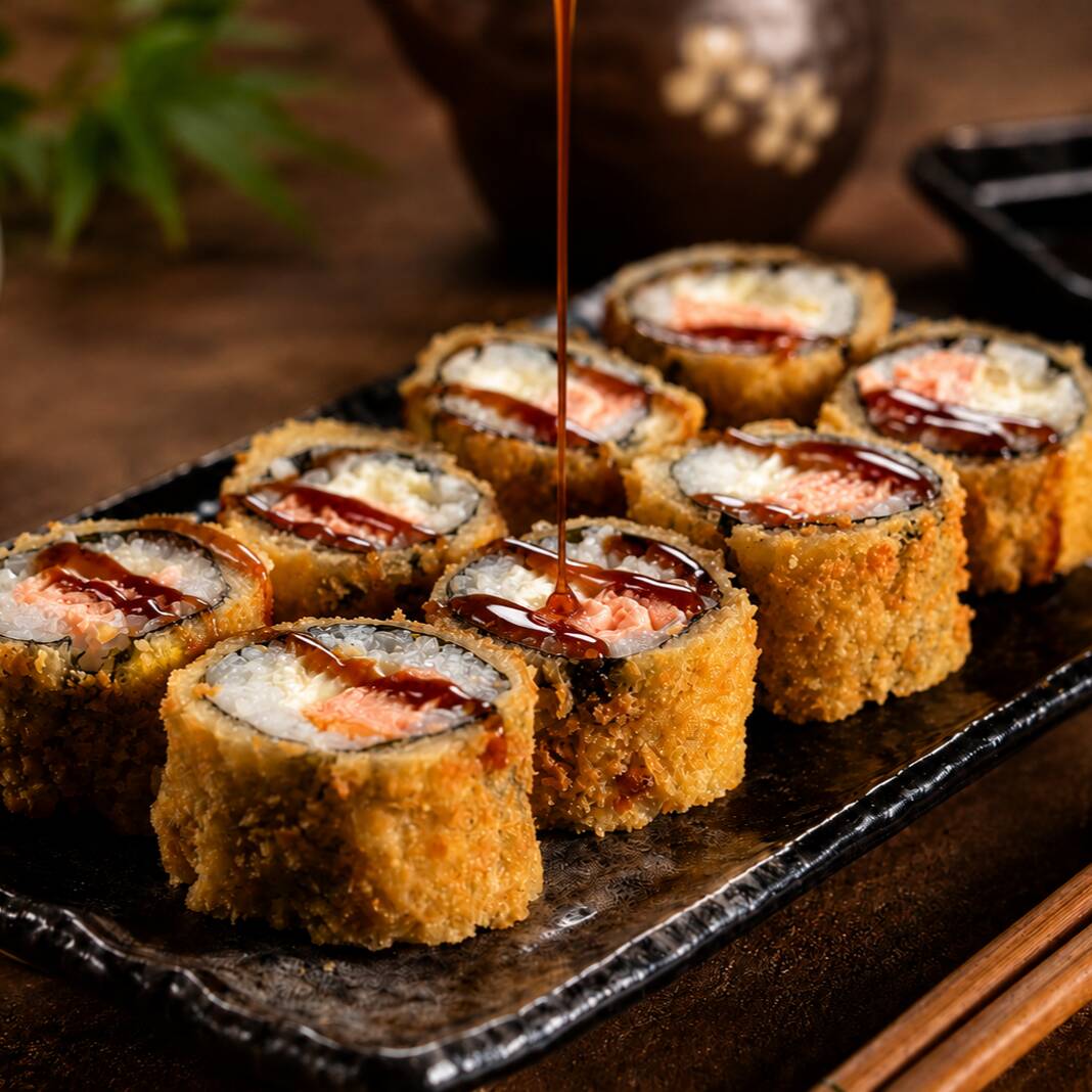 8 unidades de sushi de salmão, cream cheese, empanado na farinha panko, e frito. Acompanha Molho tarê