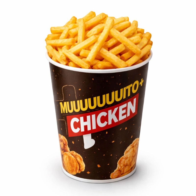 Balde de batatas fritas douradas e crocantes, ideal para compartilhar ou acompanhar seu lanche.