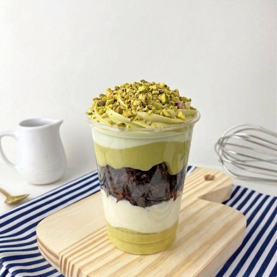 Uma combinação simplesmente irresistível! Camadas de brownie bem molhadinho intercaladas com mousse de leite Ninho super leve e cremoso, além de um delicioso creme de pistache preparado com pasta de pistache 100% concentrada. Uma sobremesa equilibrada, cremosa e cheia de sabor!