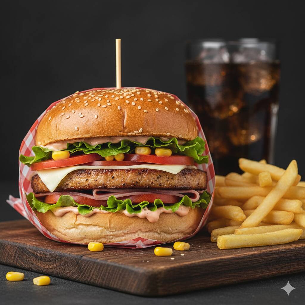 Pão, Lombo Suíno, Presunto, Mussarela, Milho, Tomate, Alface, Batata Palha