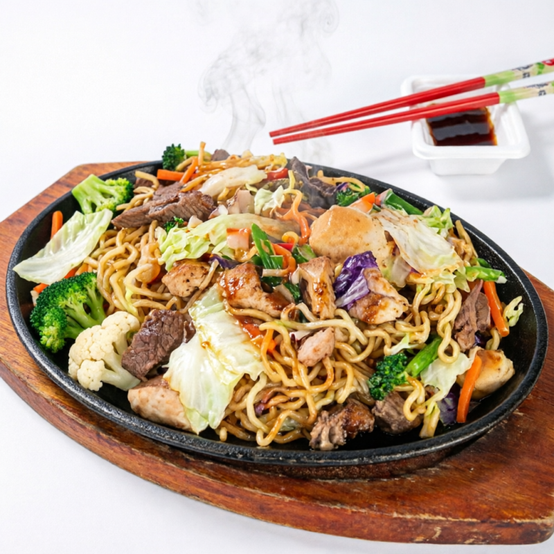 O Yakisoba de Carne/Frango é um prato saboroso e repleto de cores vibrantes. Composto por um macarrão de textura perfeita, meticulosamente salteado com legumes frescos e crocantes como acelga, repolho verde e roxo, brócolis ninja, couve-flor e cenoura. Harmonizado com suculentos pedaços de carne e frango, e finalizado com um molho especial que eleva a experiência a outro nível. São 500g de uma autêntica e deliciosa experiência culinária oriental.