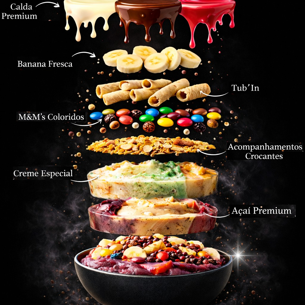 Brilhe no sabor com o Combo Diamante Cremoso 700ml: açaí 100% natural da Amazônia combinado a cremes exclusivos, zero lactose e sem gordura trans. Textura ultra cremosa, energia e personalização total. Como funciona Monte até 4 sabores entre açaís e cremes: Açaís Premium: Tradicional, Banana, Morango ou Leitinho (chocolate branco). Cremes Especiais: Ninho Trufado, Brownie, Romeu & Julieta, Chocolate Supremo, Grego Morango, Chocomenta, Bem-Casado, Tapioca com Coco, Paçoca, Nutella, Abacaxi Trufado, Pavê, Pudim e outros. Ganhe 5 extras: escolha entre Leite Ninho, M&M’s, Tub’In, Granola, Farinha de Amendoim, Amendoim Granulado e Chocoball. Inclui 1 calda premium: leite condensado, chocolate ou morango. 1 fruta fresca inclusa: banana. Por que amar 100% natural e rico em antioxidantes. Zero lactose e sem glúten. Do clássico ao gourmet: combinações para todos os paladares. Sugestões de combinações Diamante Clássico: Açaí Tradicional + Ninho Trufado + granola + calda de chocolate. Diamante Tropical: Açaí Banana + Abacaxi Trufado + Leite Ninho + calda de morango. Diamante ChocoLove: Açaí Leitinho + Brownie + M&M’s + calda de chocolate. Peça agora e crie seu tesouro cremoso em 700ml!