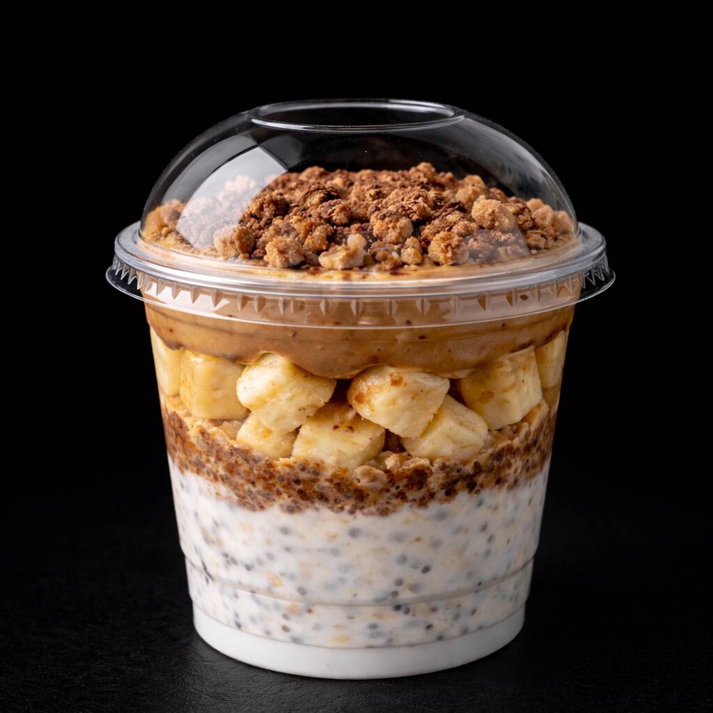 Aveia e chia hidratada no iogurte artesanal, com cacau 100%, banana em cubos, pasta de amendoim e croton de amendoim.