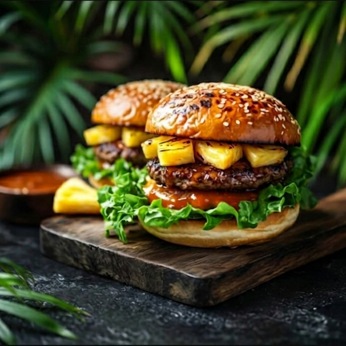 2 Abacaxi Burguer + Refri 1lt
1 Carne Bovina 90g, catupiry cremoso, bacon em cubos, abacaxi grelhado, salada rica e molho do chefe.
