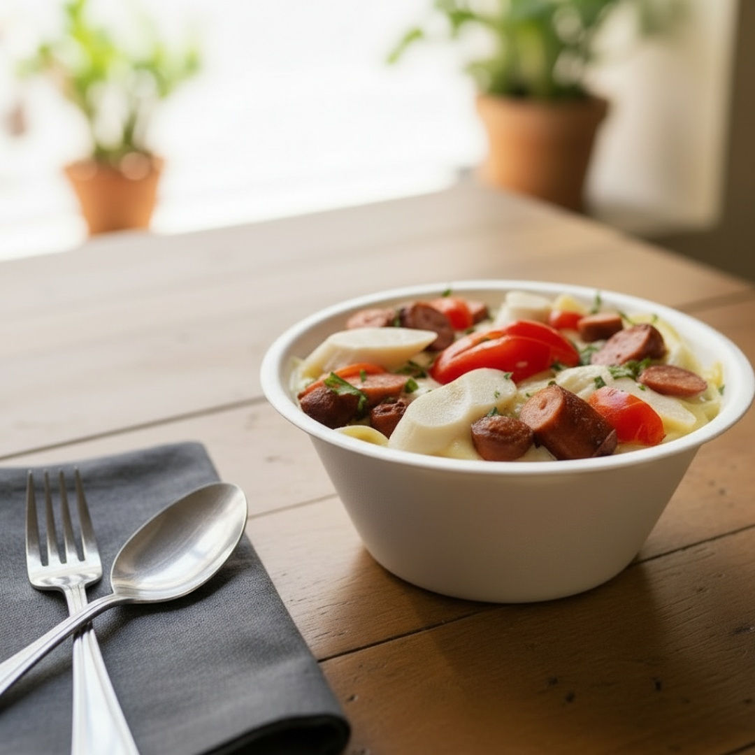 INDIVIDUAL | 400ML
Arroz, filé de frango, bacon, milho verde, azeitona, mussarela, tomate, molho bechamel, e linguiça de frango e especiaria da casa, calabresa, cheiro verde, leite e açafrão.