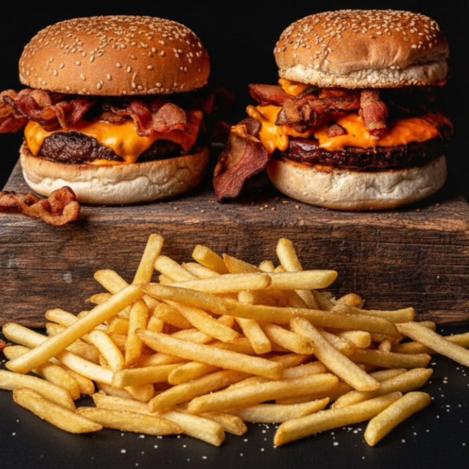 2 Porks Bacon Burgers + 2 porções de batata frita crocante (220g cada) + 2 maioneses da casa.
Ideal para compartilhar a dois, matar a fome com hambúrgueres artesanais + batata frita, ou aproveitar aquele momento especial com muito sabor e praticidade.