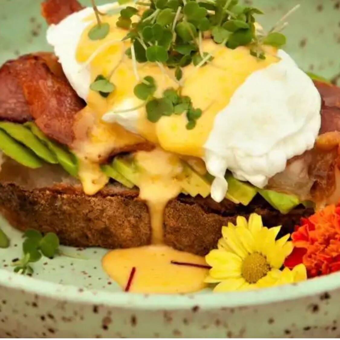 pão sourdough com guacamole, bacon, ovo caipira poché e molho hollandaise