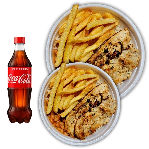 Filé grelhado em dobro, suculento no ponto certo, arroz soltinho, feijão caseiro, fritas douradas e Coca-Cola 600ml pra completar!