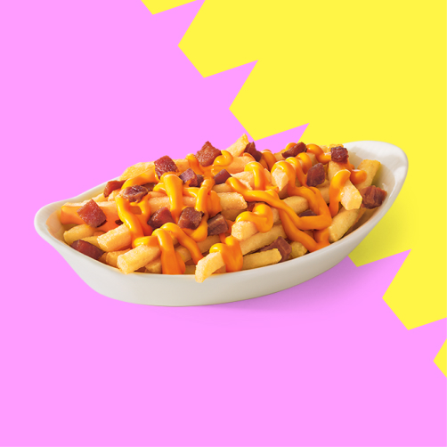 Porção de 120g de batata frita com cheddar cremosíssimo e bacon em cubos não conhece a palavra “limites”. A tradicional é ótima, mas essa é pura ostentação no sabor