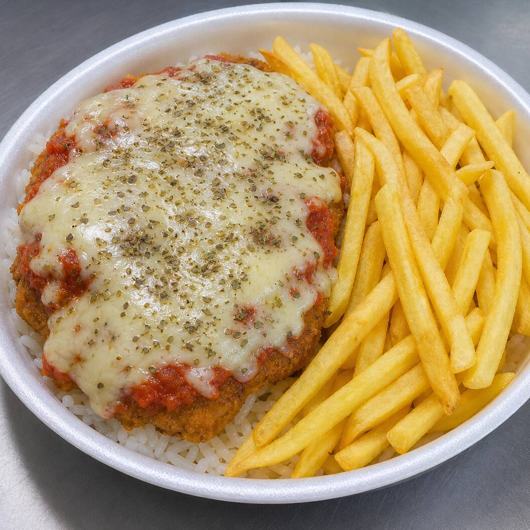 Filé de frango empanado, coberto com molho de tomate caseiro e queijo derretido e um toque de orégano, servido com arroz branquinho e batata crocante. Uma combinação clássica, cheia de sabor e feita com ingredientes frescos, perfeita para matar a fome com muito prazer!