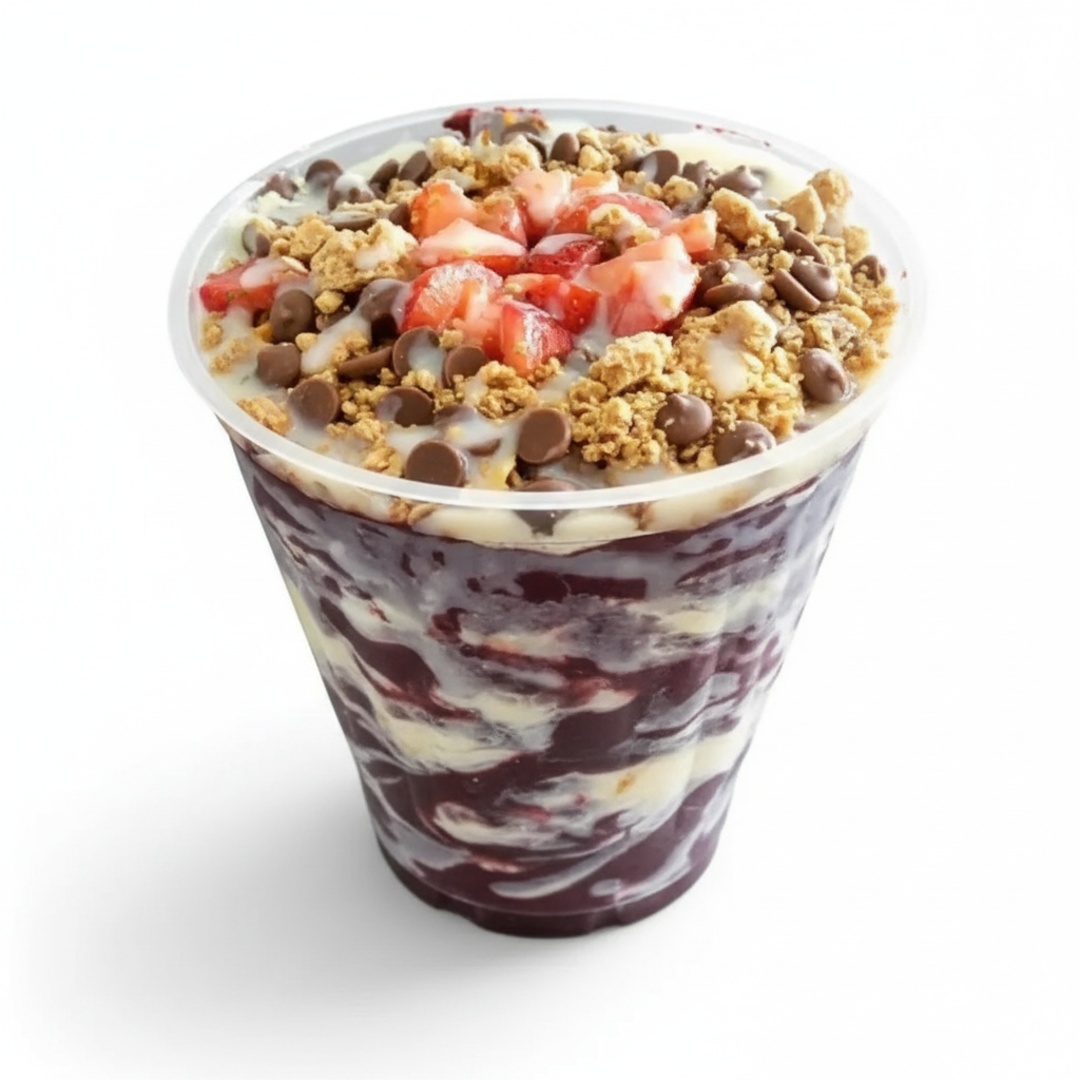 Copo 01 Lt de açaí puro ou acompanhado de complementos a escolher e caldas diversas. Você pode escolher cinco complementos e uma calda.