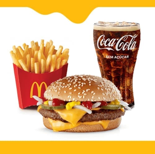 Um hambúrguer feito com pura carne bovina, envolvida por duas fatias de queijo temperado com ketchup, mostarda, cebola e picles, McFritas média e bebida