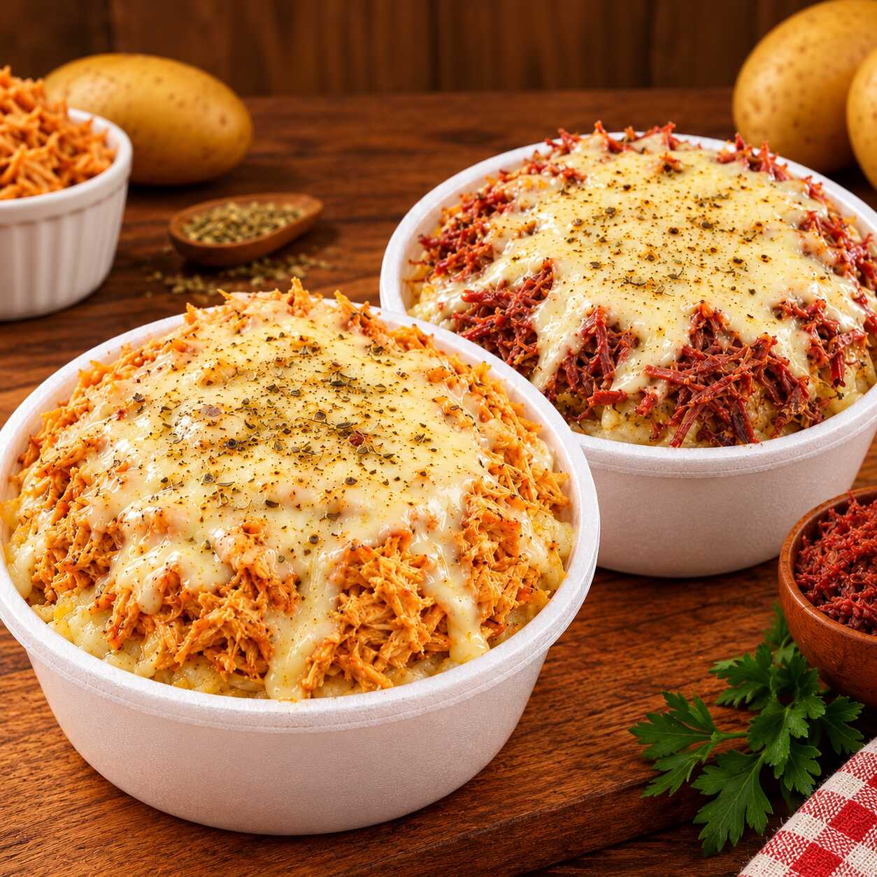 ️ Promoção Dupla Irresistível
2 batatas recheadas de 360g cada — 720g de muito sabor!
1 Batata de Frango com Requeijão — frango desfiado bem temperado, combinado com requeijão cremoso e finalizado com uma deliciosa camada de queijo gratinado.
1 Batata de Carne Seca — carne seca desfiada e bem temperada, com recheio cremoso e queijo gratinado por cima.
Uma dupla perfeita para compartilhar ou matar a fome em grande estilo!
Peça agora e aproveite essa promoção deliciosa!