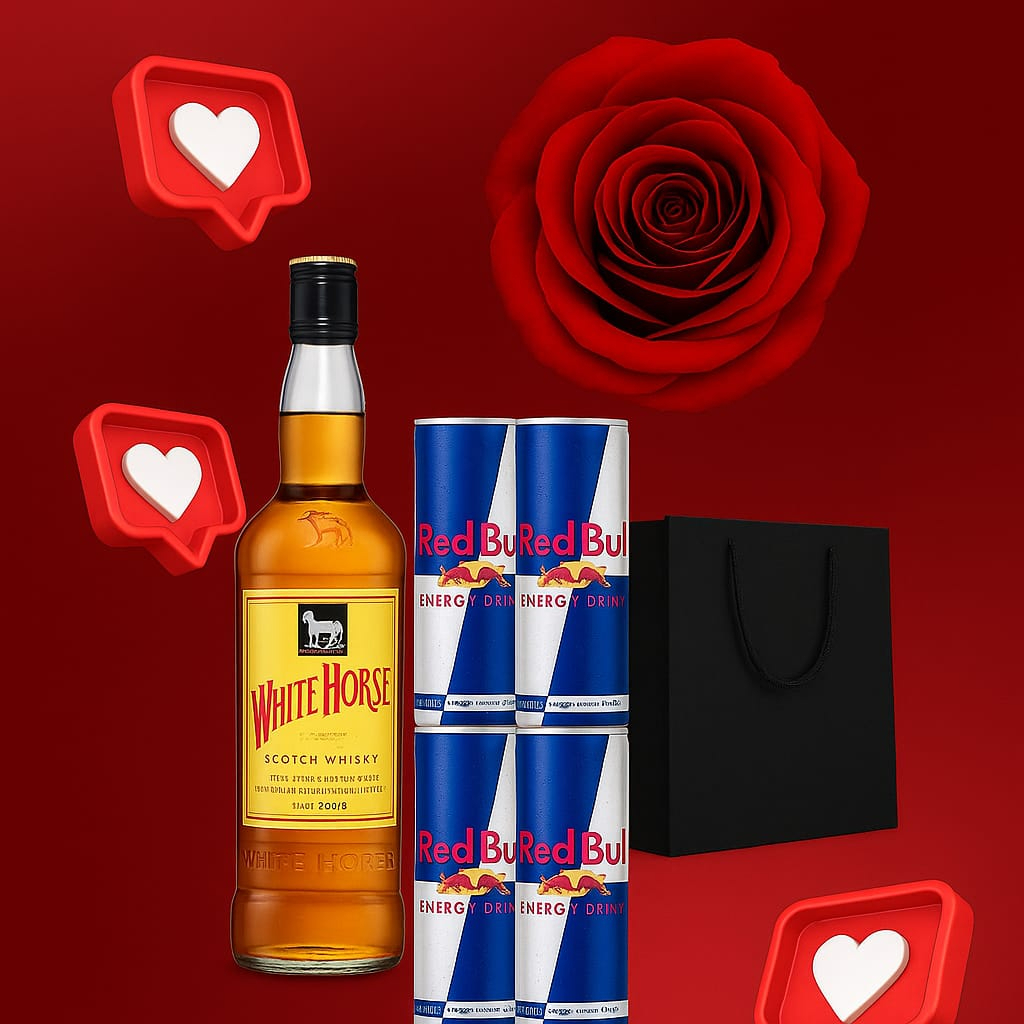 Encontre o presente dos sonhos Contem 1 Garrafa de White Horse 1l + 4 Latas Red Bull Energético + 1 Sacola preta