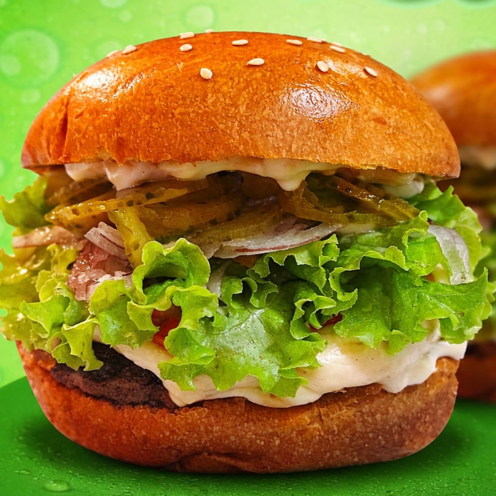 Pão brioche, blend, queijo de sua preferencia, cebola roxa crua, tomate, alface, picles e maionese.