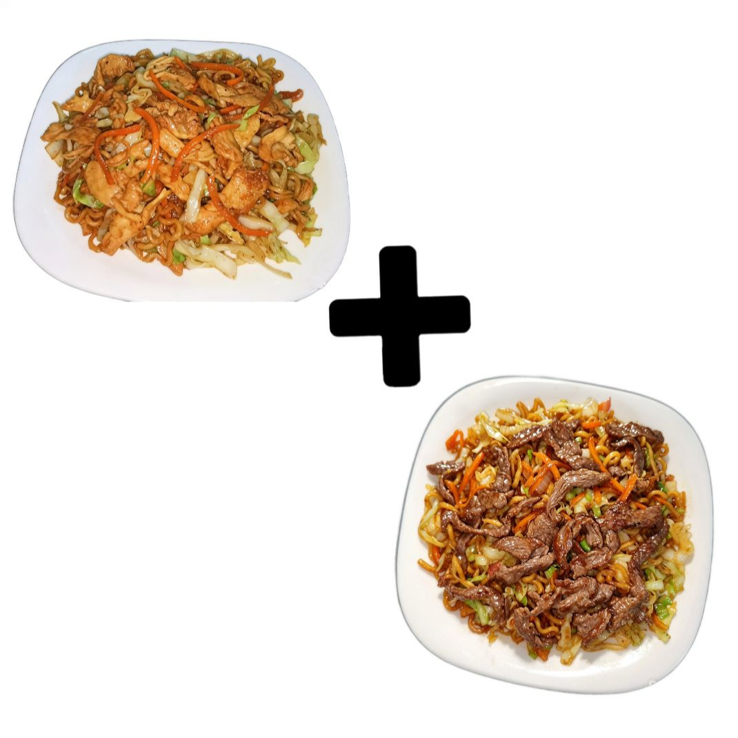 Macarrão, Frango,Carne, Cebola, Repolho, Cenoura, Alho picado, Molho de soja